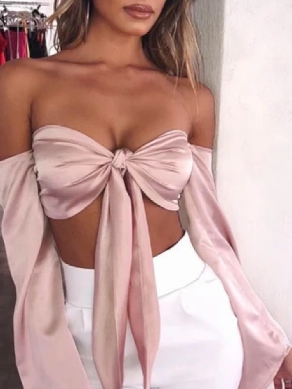 BABYBOO Blush Satin Tie-Front Crop Top